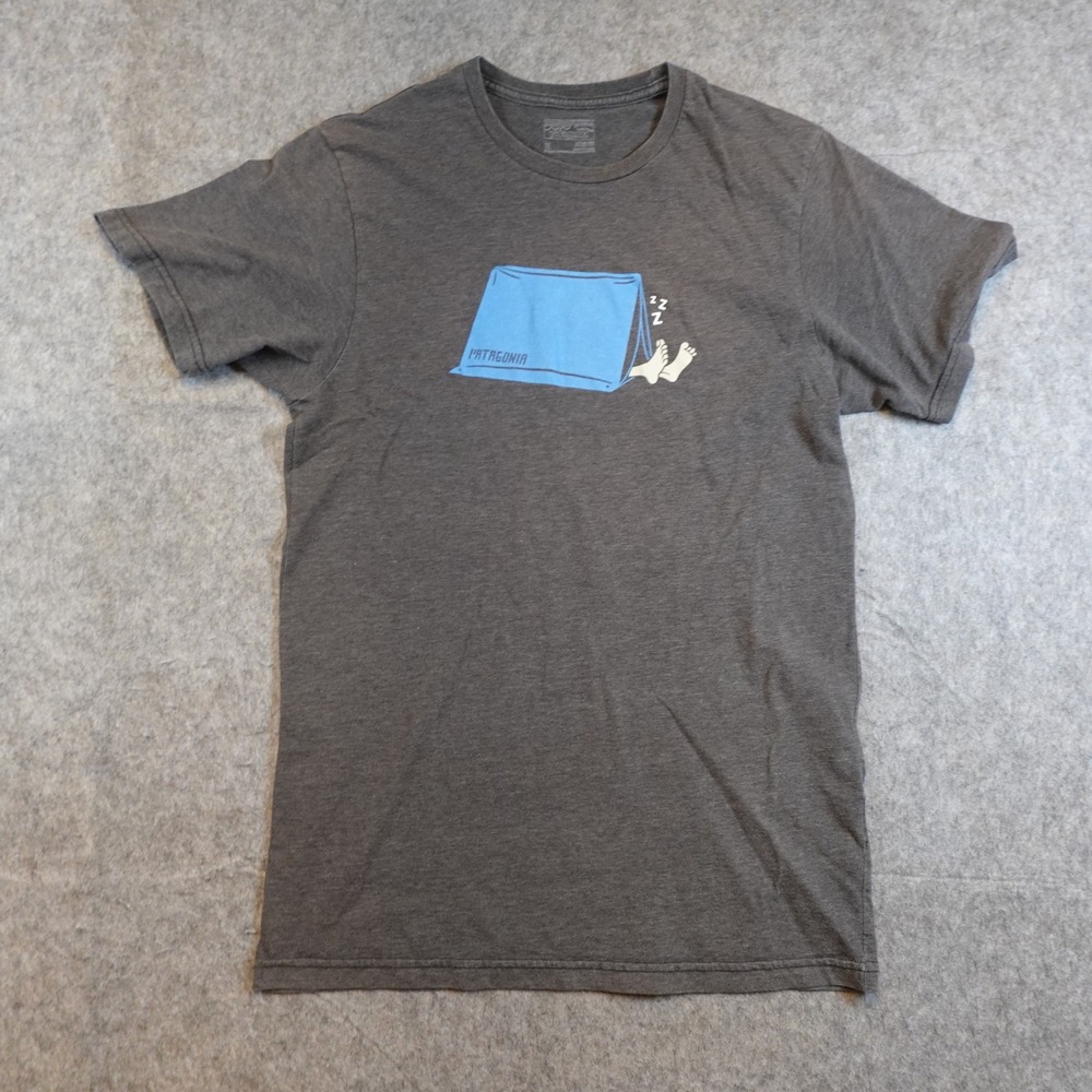 Patagonia Shirt Men Medium Gray Slim Fit Napping CamperTent Graphic Short Sleeve